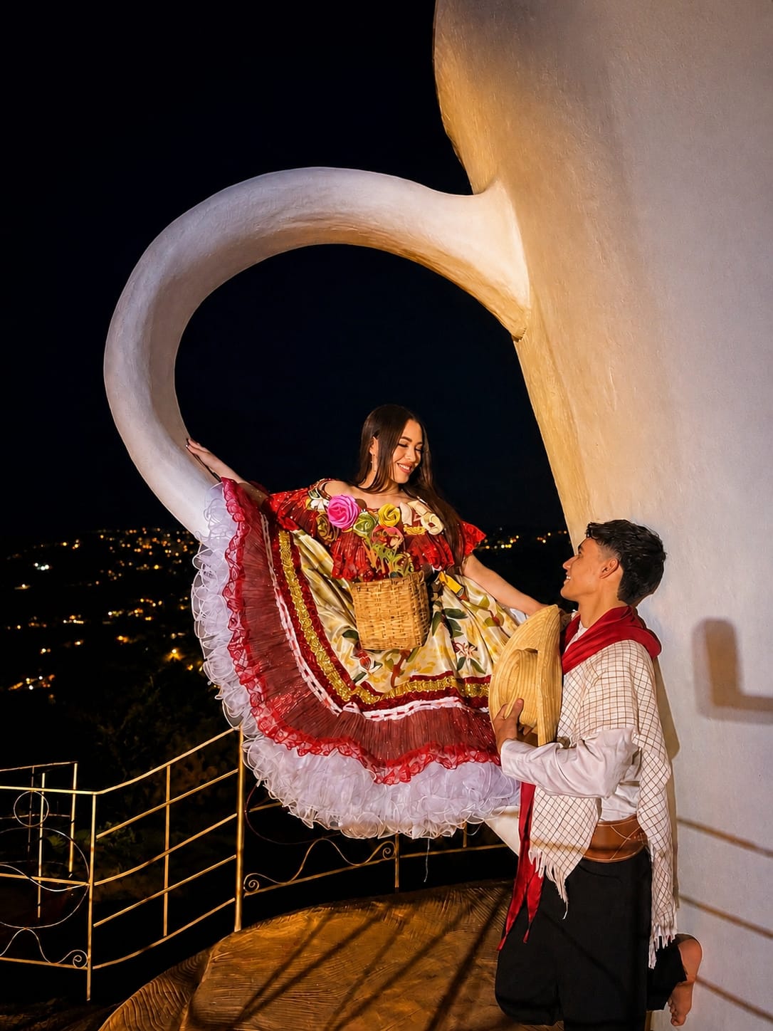 Pareja con traje típico junto al asa de la taza